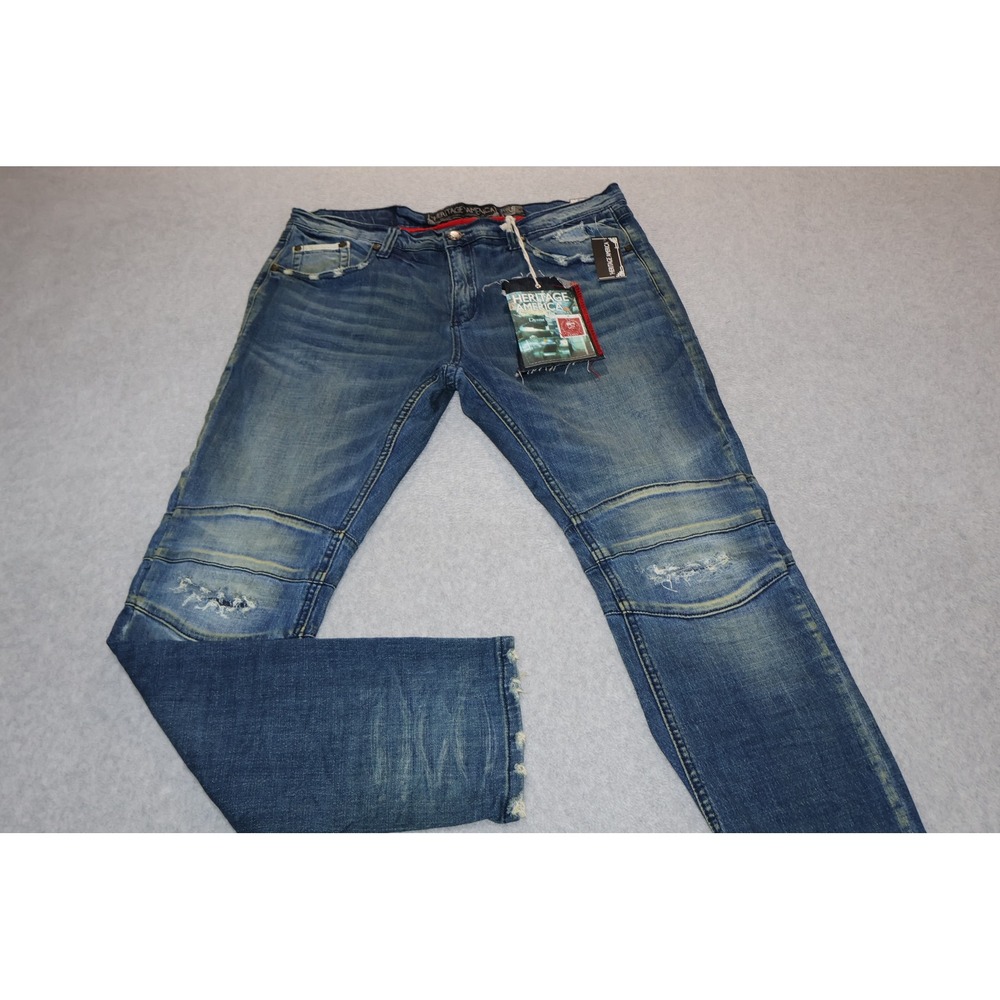 Heritage America Jeans Mens 38x34 Indigo Distressed Moto Biker Slim Straight NEW